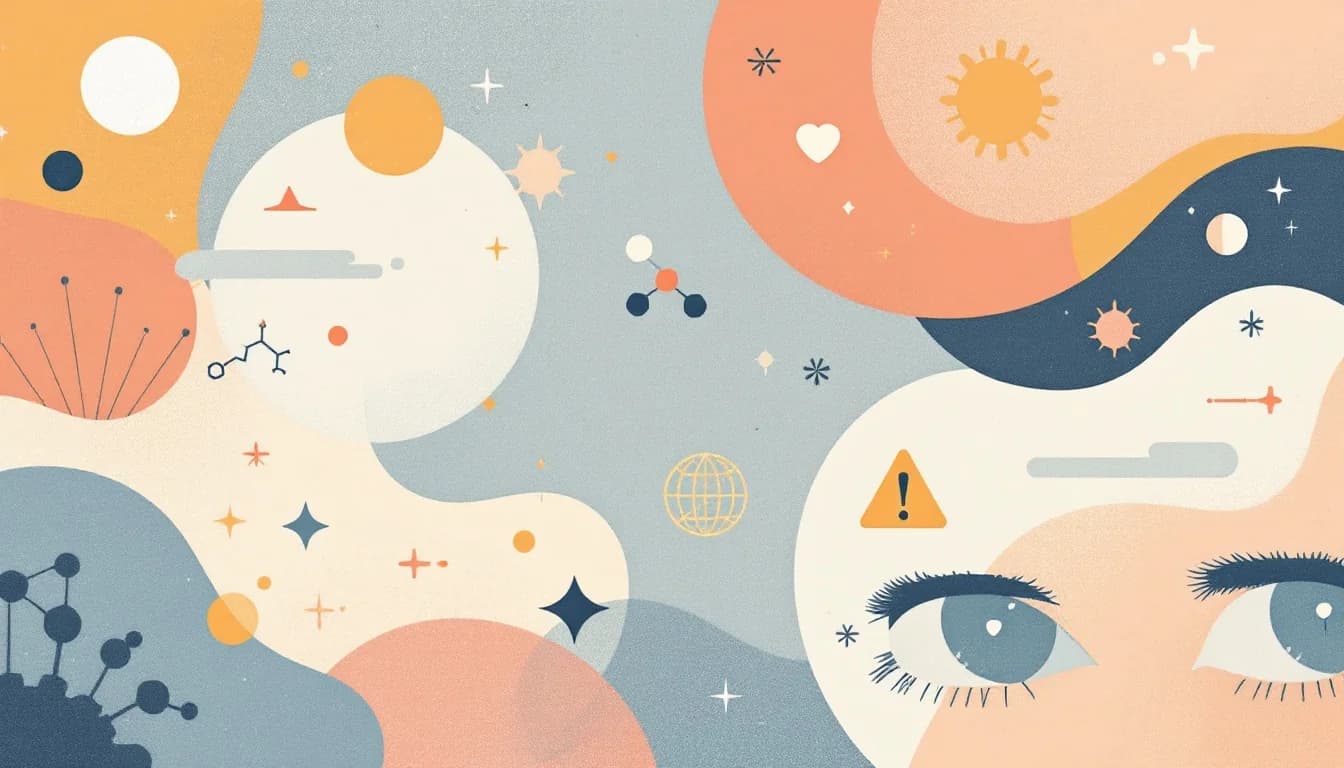 Editorial illustration depicting molecular structures and warning symbols representing synthetic opioid crisis