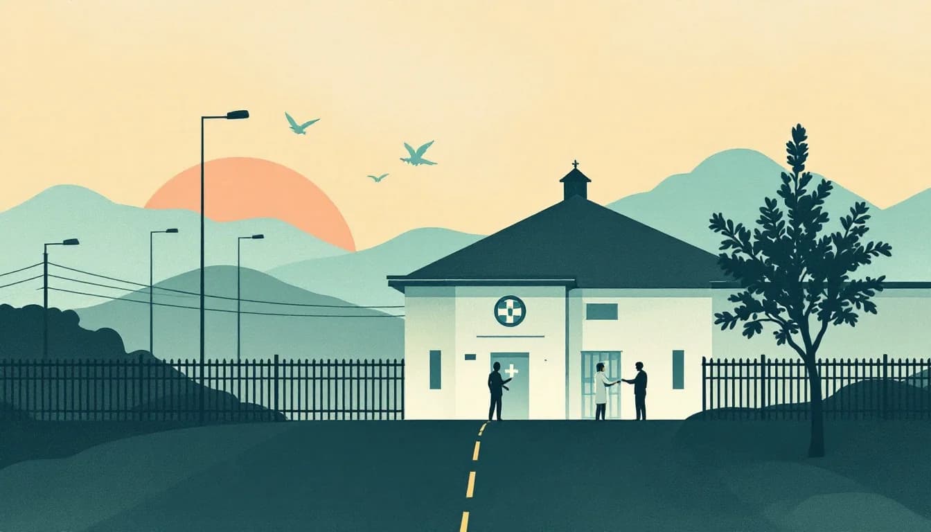 Los Angeles County jail facility with medical treatment symbols, representing the crisis of overdose deaths among inmates awaiting addiction care