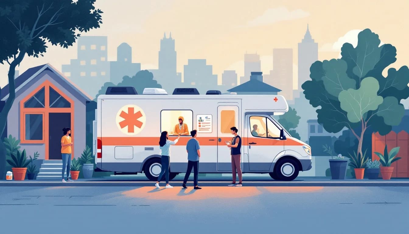 Mobile medical unit providing addiction treatment services in an urban community setting with warm amber and sage tones