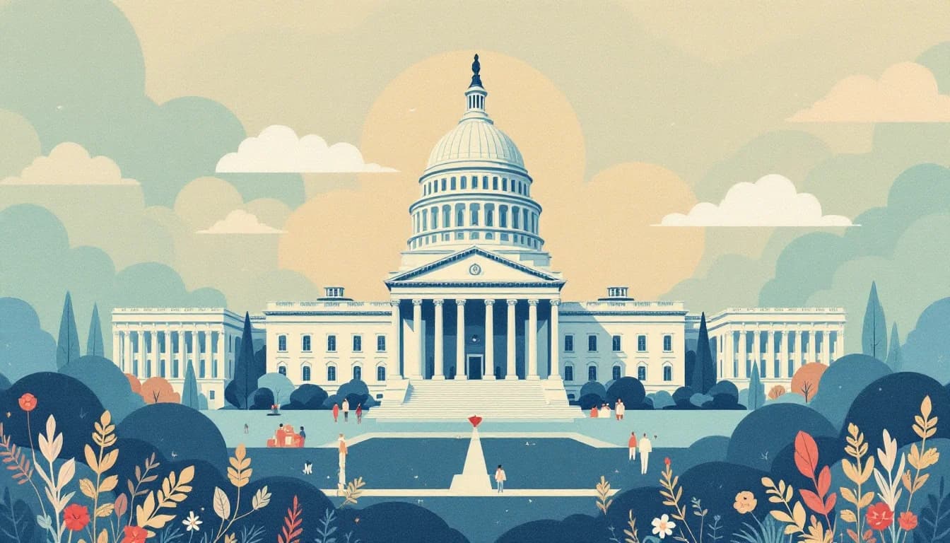 Government building with scales of justice, federal funding symbols, and community health services icons in warm editorial illustration style