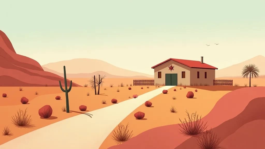 Arizona rural landscape with sheriff department building and reentry support symbols, warm editorial illustration