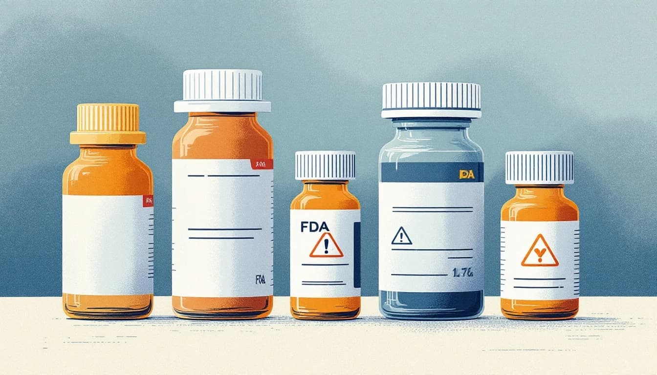 FDA medication labels with warning symbols, medication bottles, and clinical documentation in warm editorial illustration style
