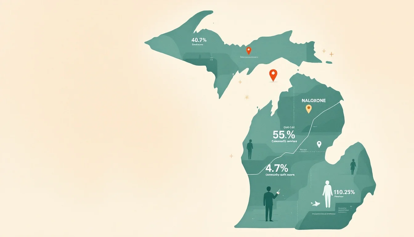 Michigan state map with declining trend lines, naloxone distribution symbols, and community health infrastructure