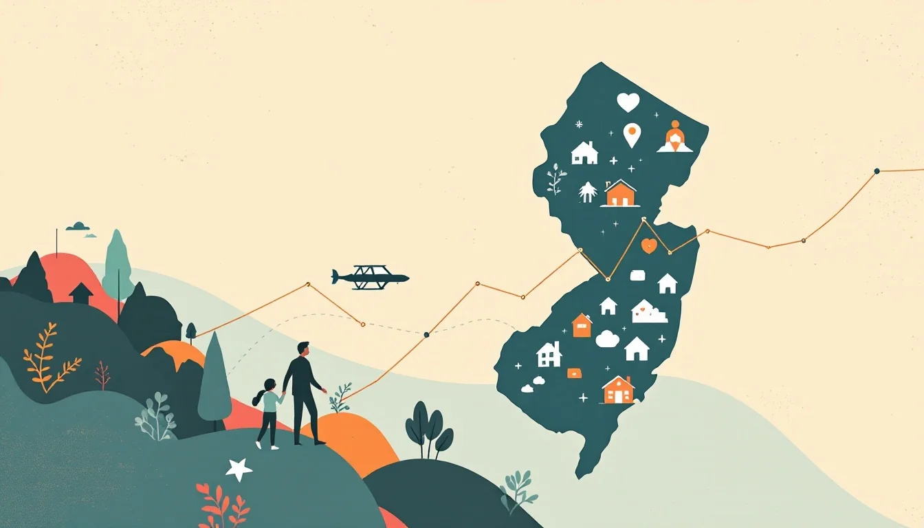 New Jersey state map with declining trend lines and hopeful community support symbols