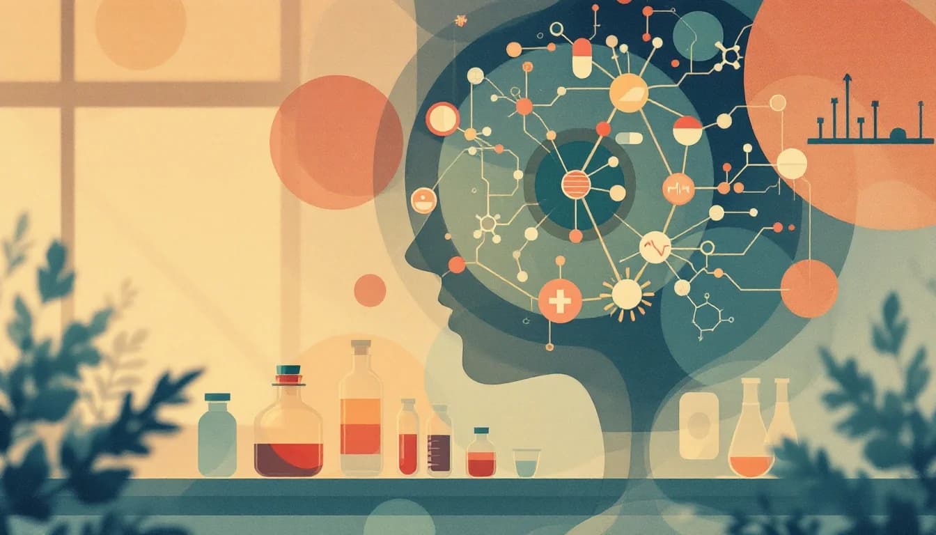 Medical research illustration showing brain reward pathways and medication symbols in warm editorial style