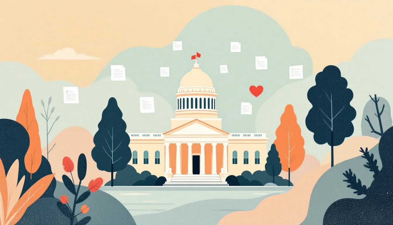 Government building with document screening symbols and funding flow patterns, warm editorial illustration