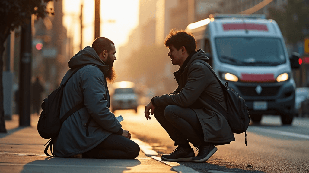 Street outreach workers engaging with homeless individual in urban setting at dawn, compassionate care scene