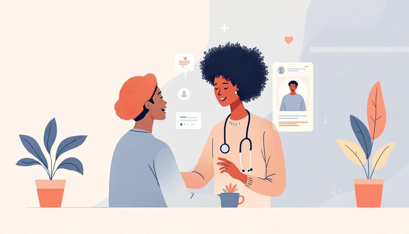 Warm editorial illustration showing telehealth connection between patient and provider, mental health symbols, and digital health interface elements in soft muted tones
