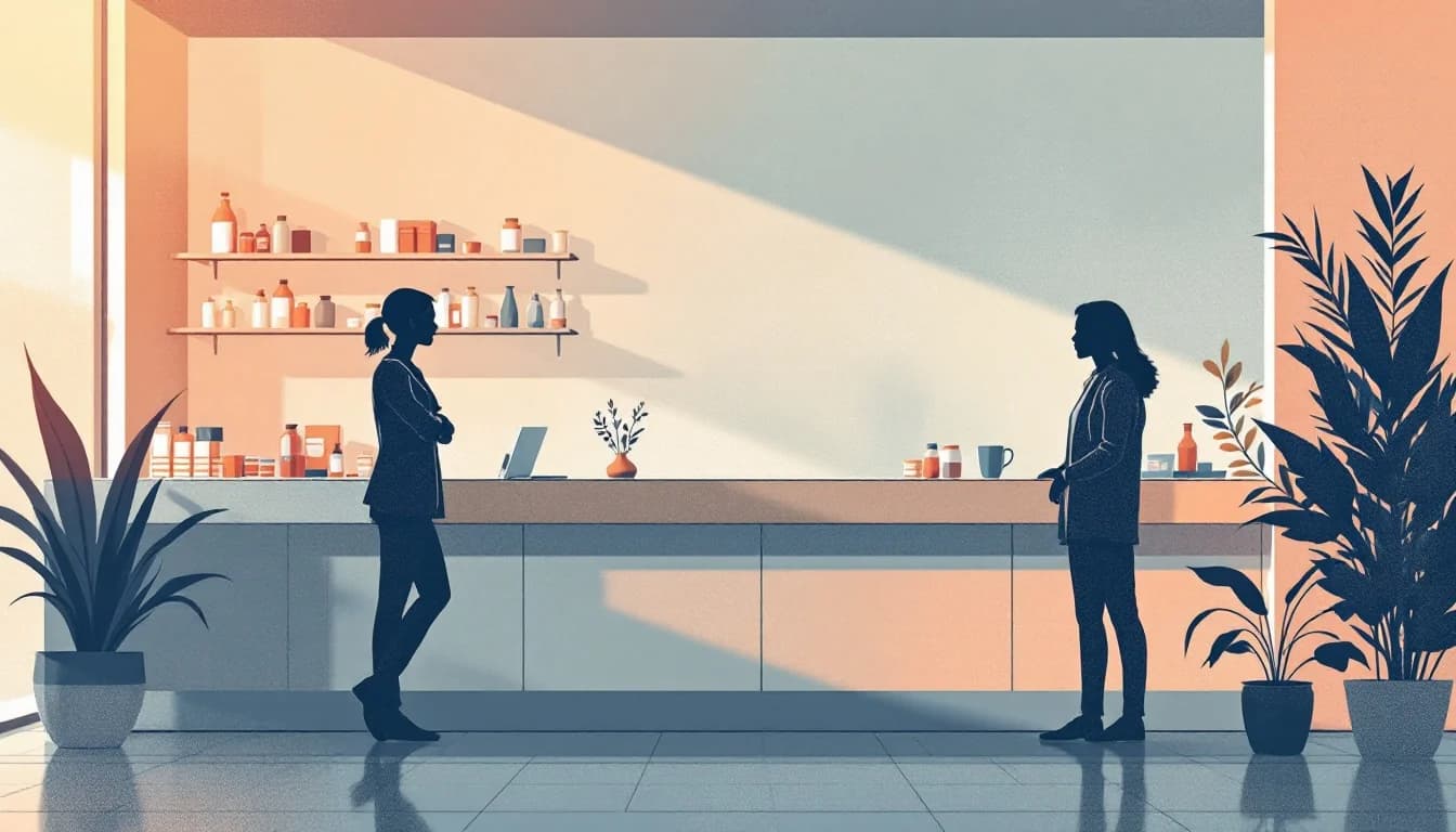 Pharmacy counter with medication symbols and supportive care imagery in warm editorial illustration style