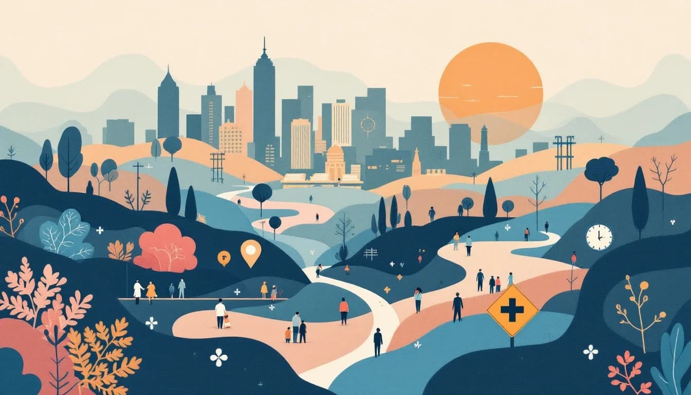 Los Angeles County skyline with healthcare symbols representing declining overdose deaths and harm reduction progress