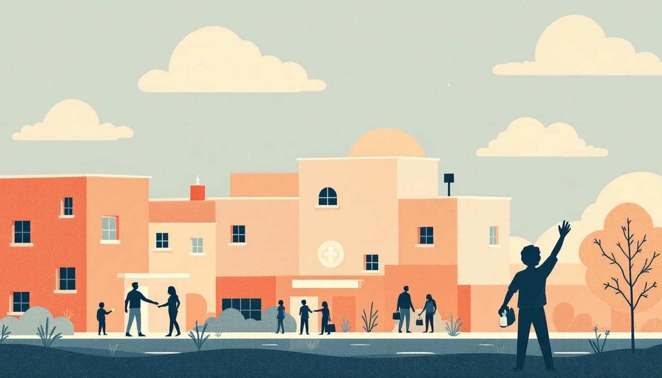 Hotel building silhouettes with harm reduction symbols, naloxone icons, and community support network in warm editorial illustration style