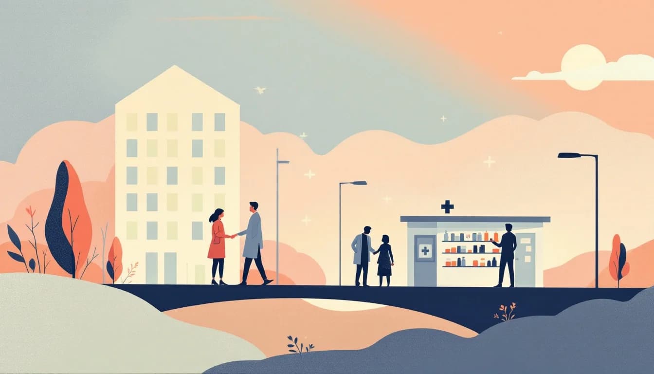 Editorial illustration showing pharmacy and healthcare accessibility, with warm muted tones representing expanded medication-assisted treatment access