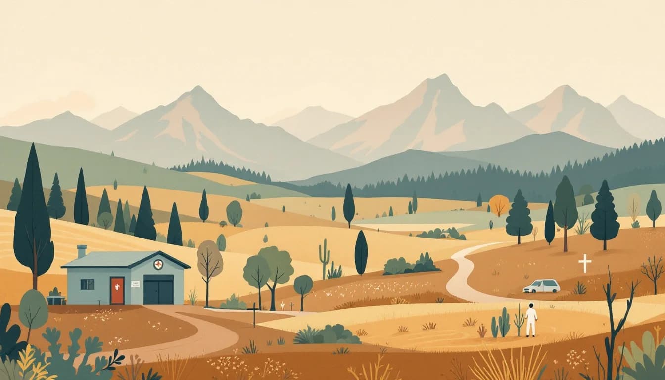 Idaho rural landscape with healthcare symbols representing opioid settlement fund allocation to underserved communities