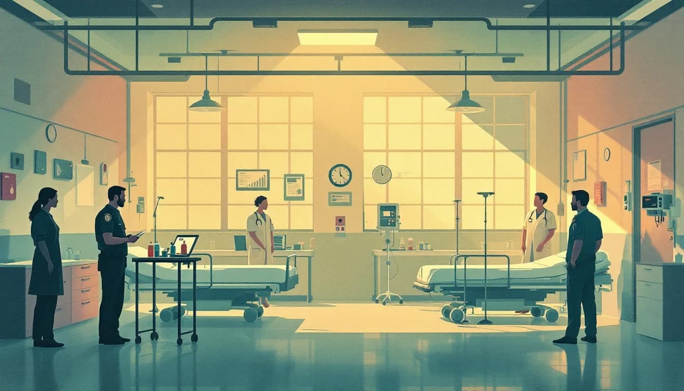 Correctional facility medical wing with healthcare staff providing withdrawal management care