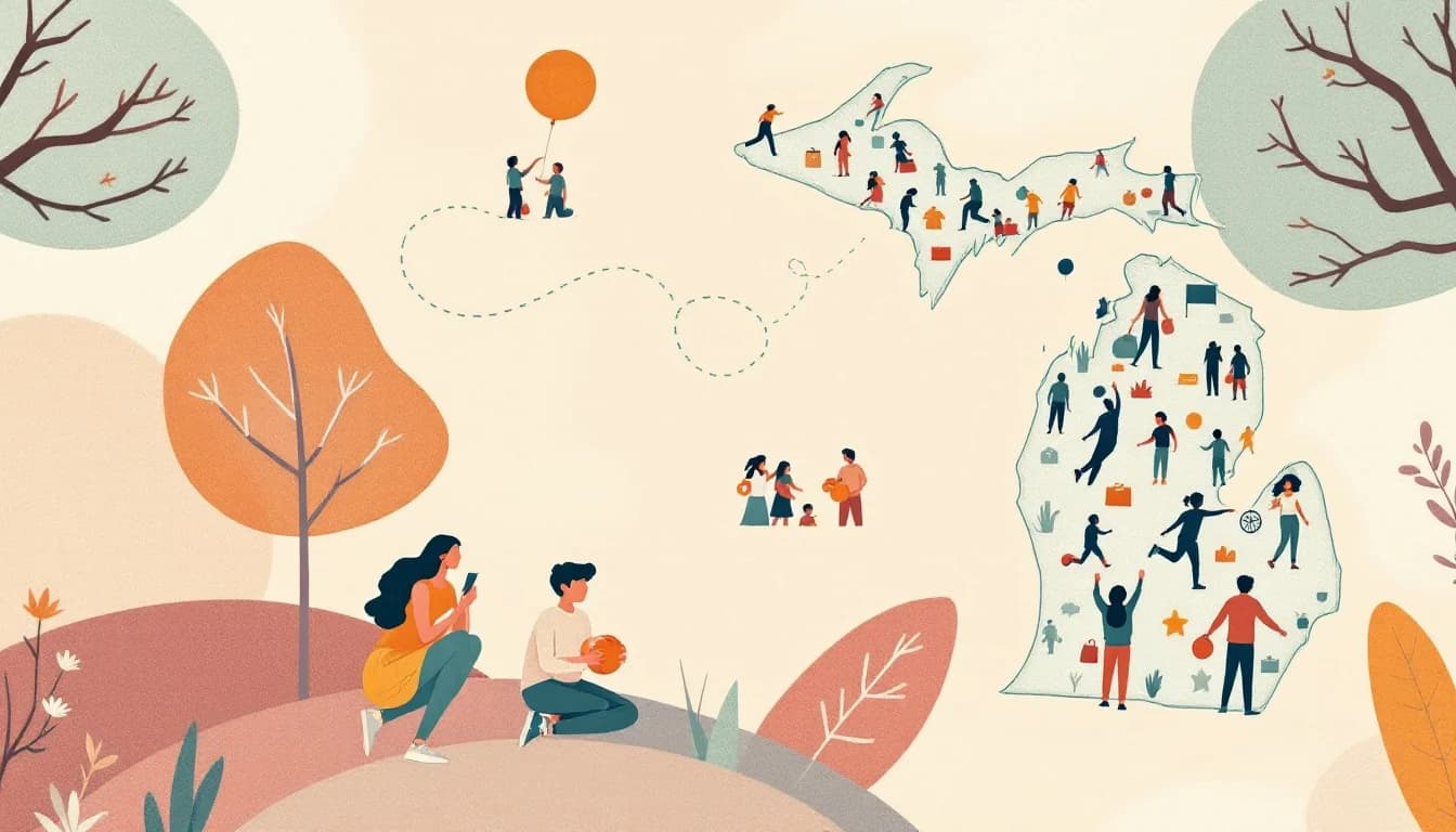 Warm editorial illustration showing Michigan youth prevention program with family connections and community support network