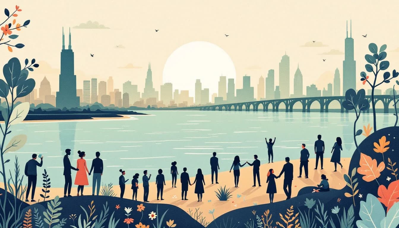 Chicago skyline silhouette with declining trend visualization and community support symbols, warm editorial illustration