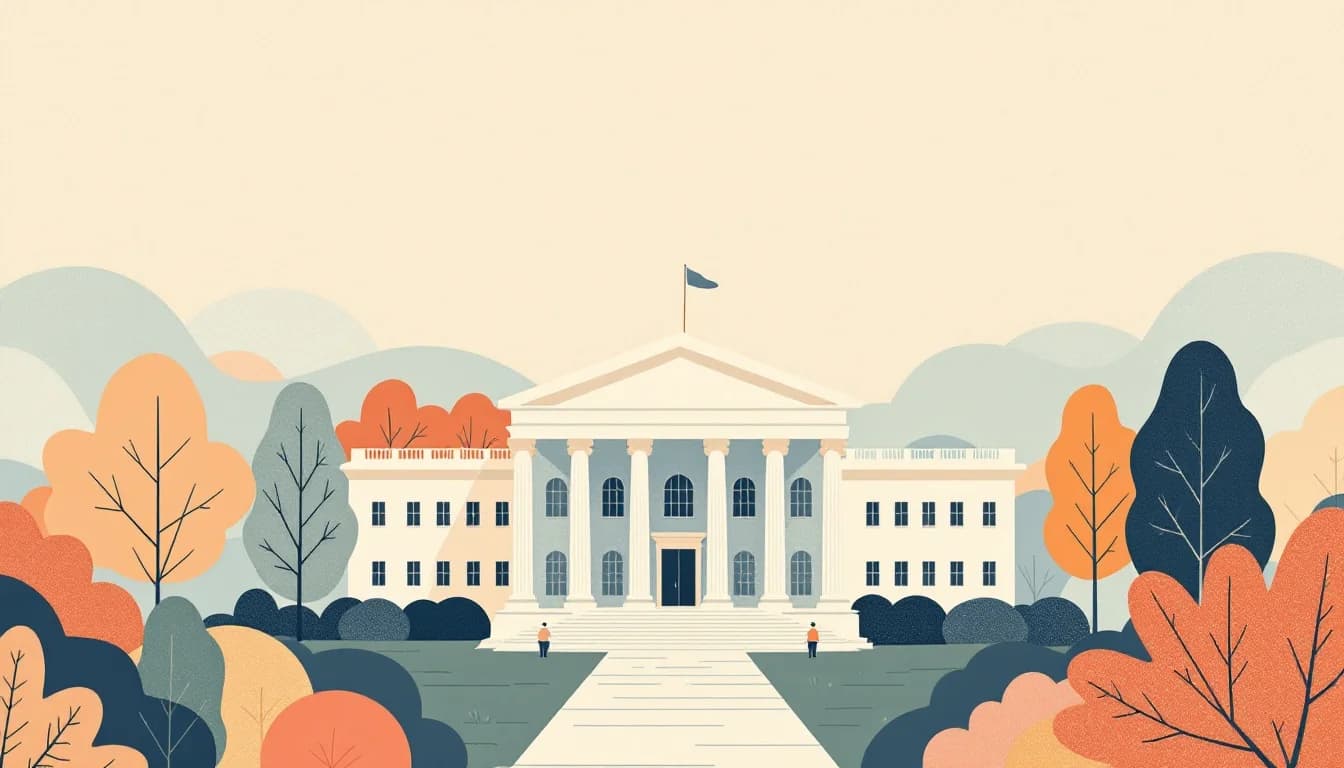 Government health building with policy documents and public health symbols, warm editorial illustration