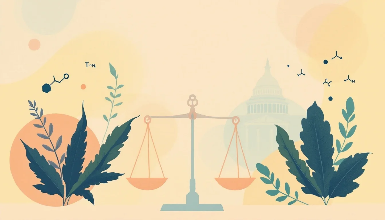 Abstract illustration of regulatory action targeting synthetic compounds, with scales of justice and molecular structures in warm editorial tones