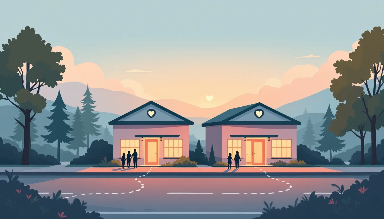 Flat vector editorial illustration of two new community clinic buildings with glowing open doors on an Alabama street as families walk toward them, symbolizing expanded access to mental health and addiction care