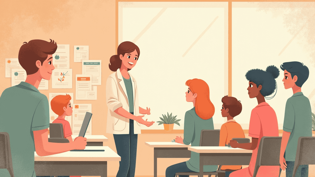 Educational materials about fentanyl risks displayed in a school setting, warm editorial illustration with soft muted tones