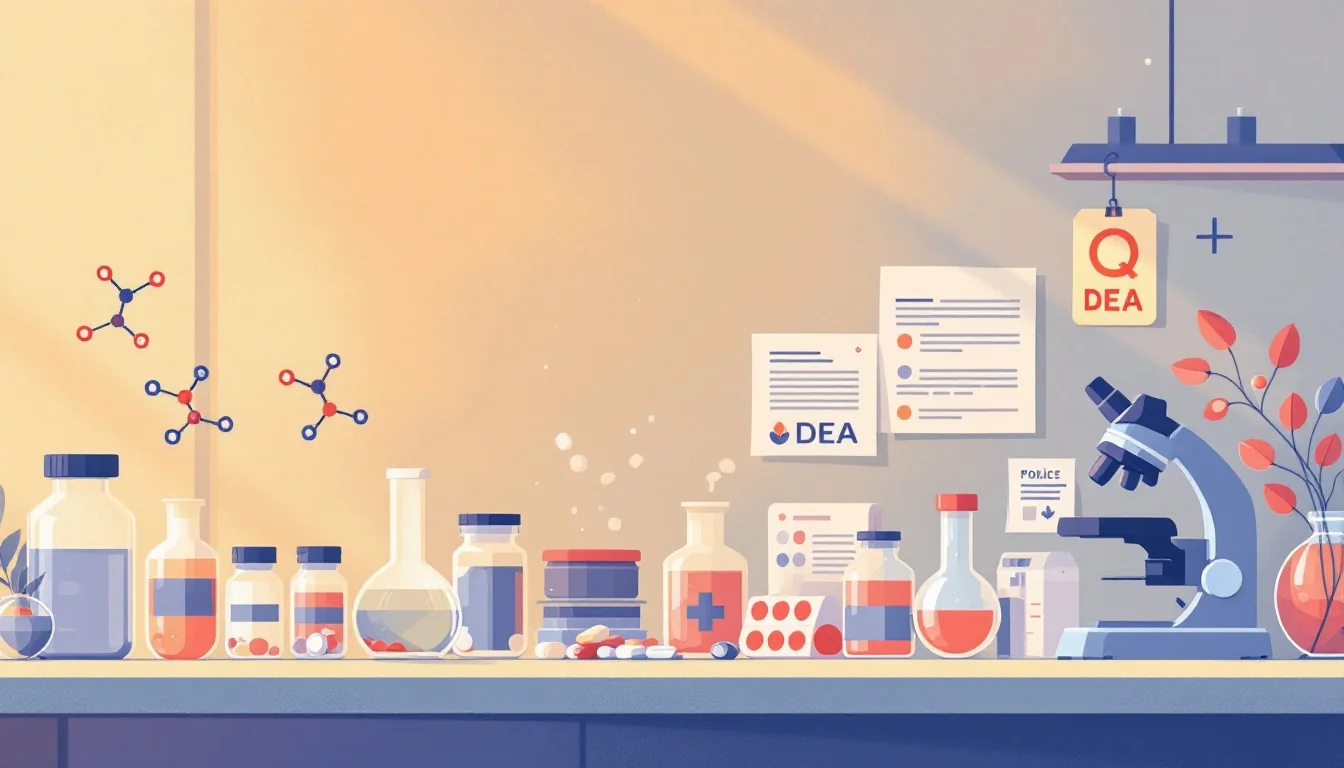 Scientific laboratory with research equipment, federal policy documents, and molecular structures in warm editorial illustration style