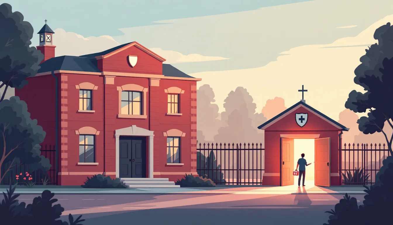 Flat vector editorial illustration of a county courthouse beside a jail with open gates spilling warm light as a clinician carrying a medical kit walks in, symbolizing treatment entering a county jail