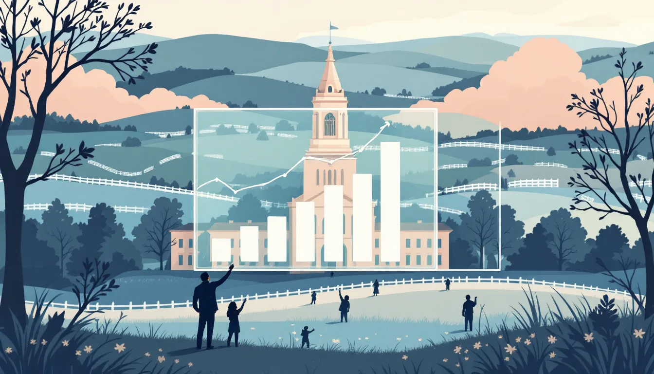 Flat vector editorial illustration of the Kentucky state capitol with a translucent floating data screen of simple bar and line shapes as citizens look on, symbolizing transparent tracking of opioid settlement funds