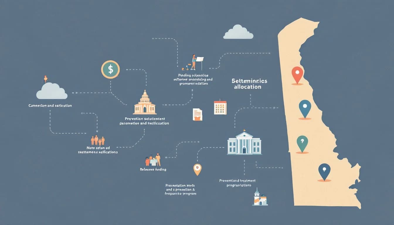 Delaware state map with funding network connecting communities, warm editorial illustration with soft amber and sage tones