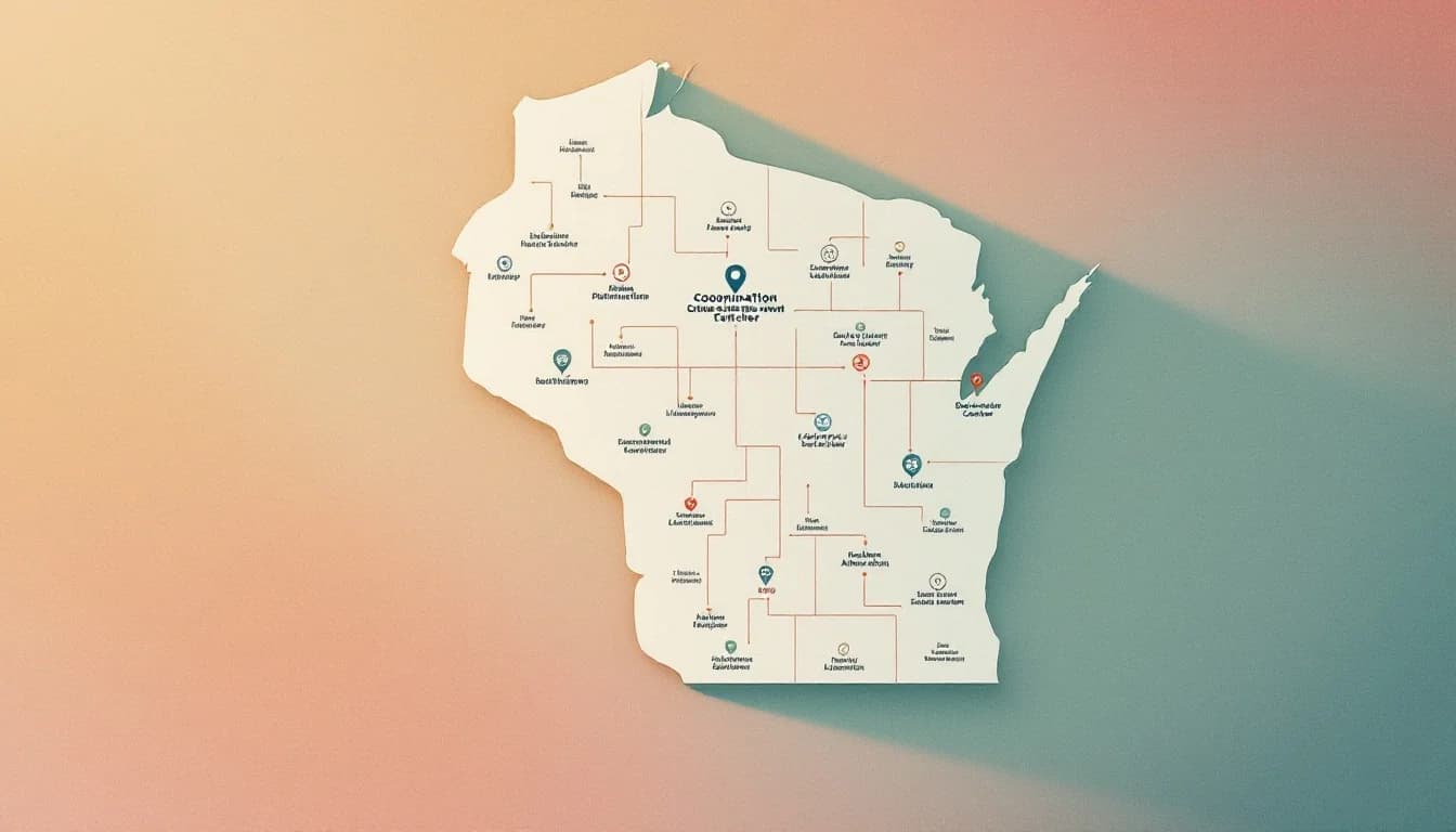 Wisconsin state map with funding network connecting counties, coordination center symbols, resource distribution pathways