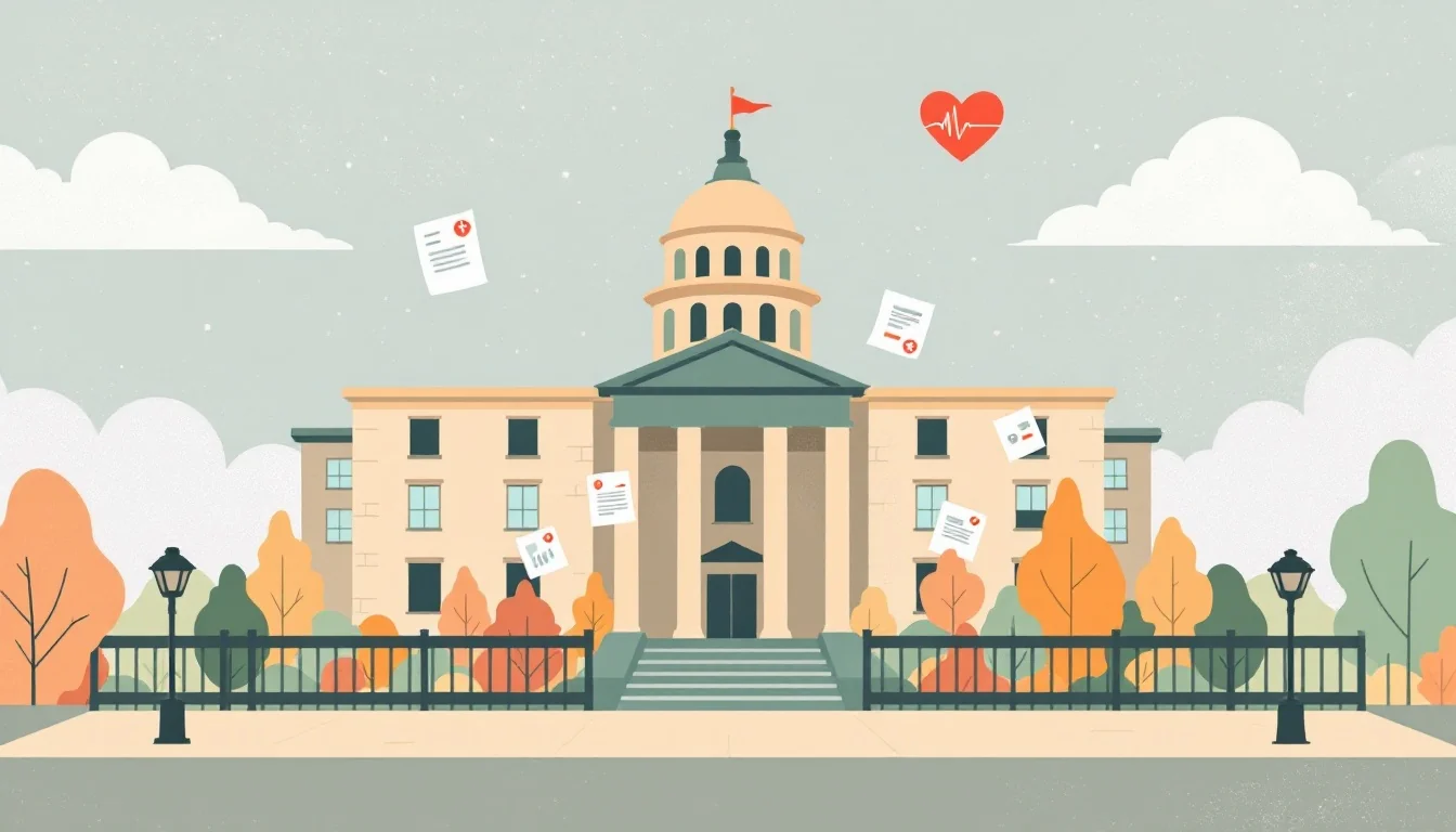 Federal health agency building with document symbols and warning indicators, warm editorial illustration showing policy restrictions and funding limitations