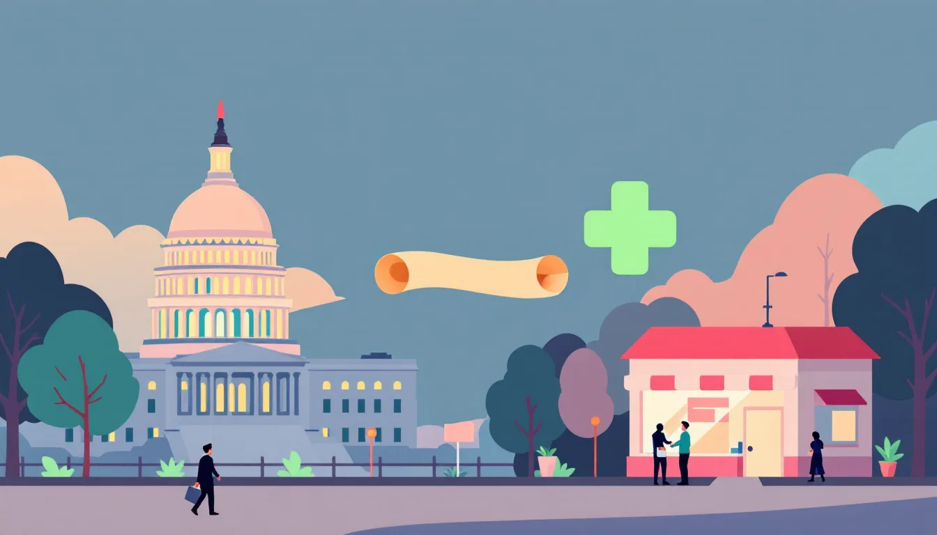 Flat vector editorial illustration of the US Capitol dome connected by a glowing bridge of light to a corner pharmacy, symbolizing Congress expanding pharmacy access to methadone treatment