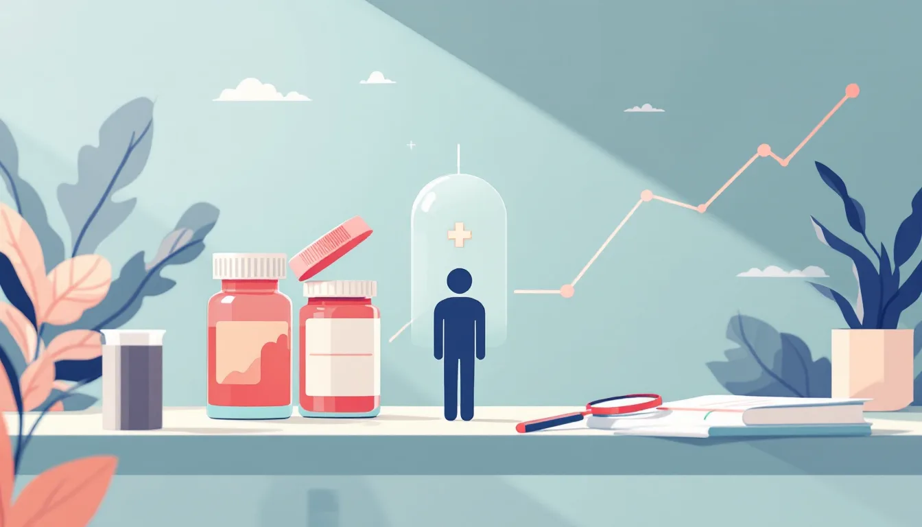 Flat vector editorial illustration of two medication bottles on a laboratory bench, one casting a larger protective translucent shield over a human silhouette, symbolizing a study comparing addiction medicines