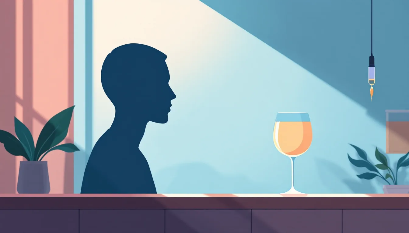 Flat vector editorial illustration of an injection pen in a beam of light beside a human silhouette whose tangled amber craving lines unwind into calm blue, symbolizing a clinical trial for alcohol use disorder