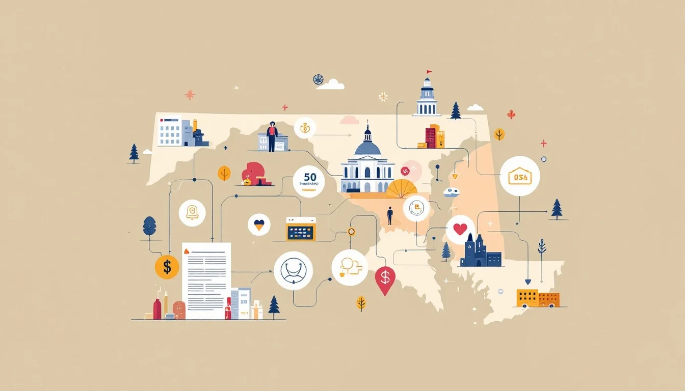 Maryland state map with settlement funding network and government buildings, warm editorial illustration