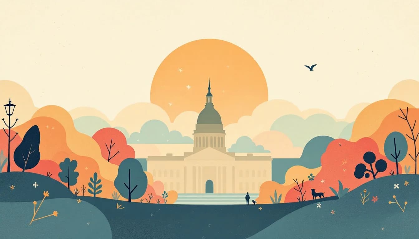 Ohio state capitol building with warning symbols and medical emergency icons, warm editorial illustration