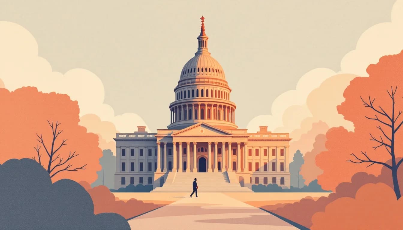 Illinois state capitol building with gambling symbols transforming into recovery and support icons, warm editorial illustration