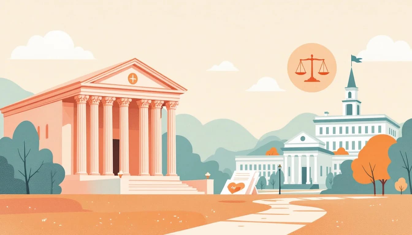 Courthouse and scales of justice over a Kentucky state outline, warm editorial illustration