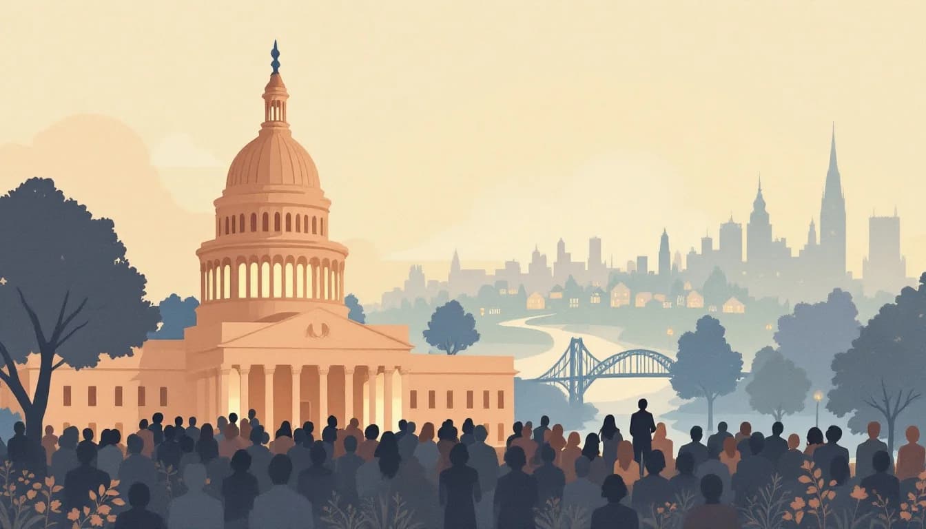 Maryland state capitol dome with community gathering silhouettes and settlement fund symbols, warm editorial illustration