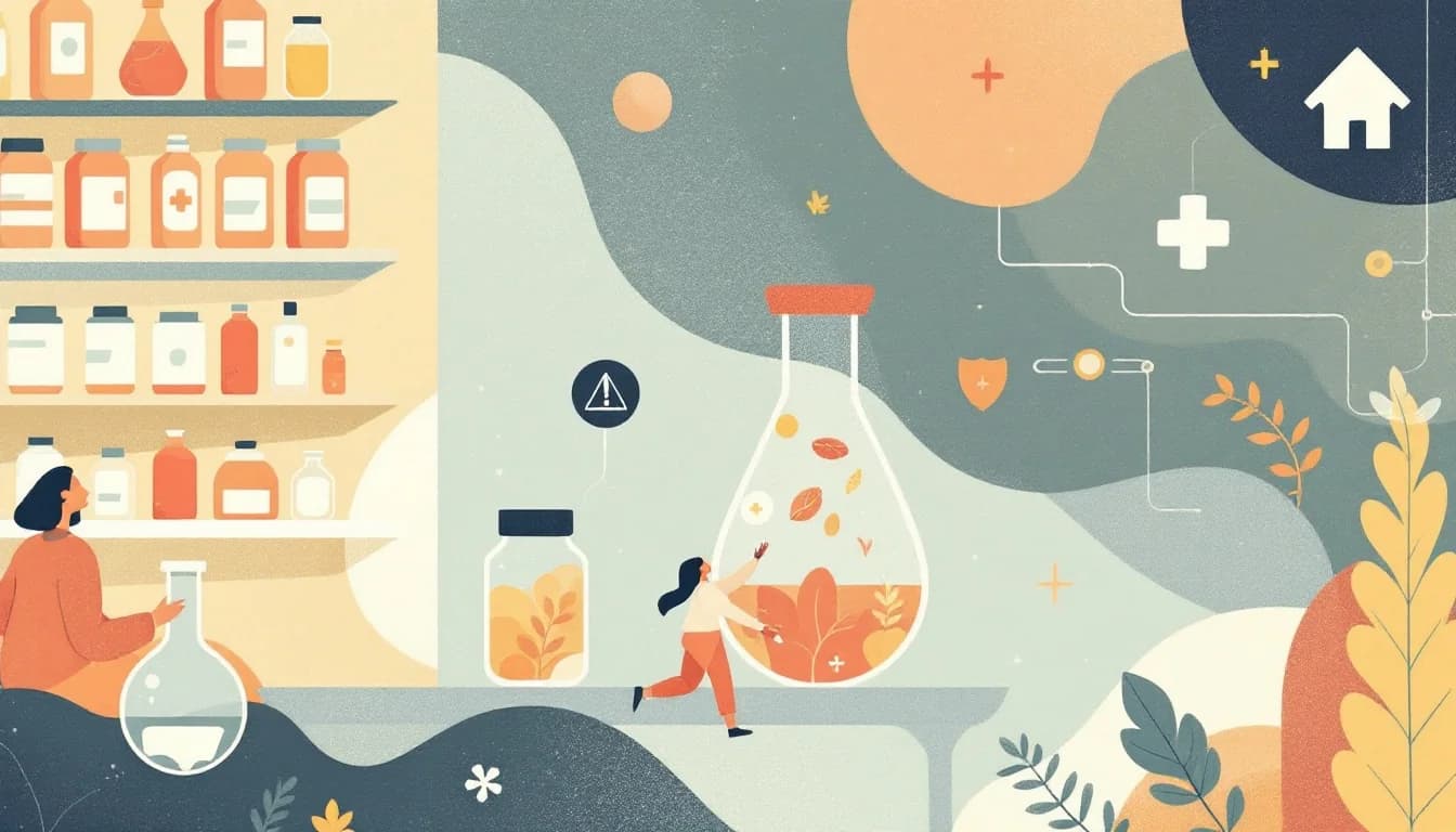 Supplement bottles being removed from a store shelf under a warning symbol, warm editorial illustration