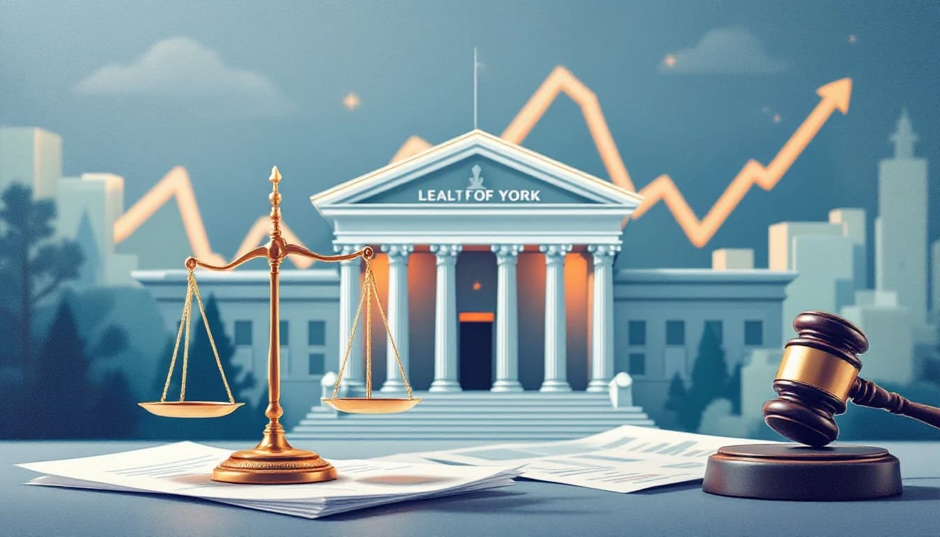 New York courthouse with scales of justice and trading market symbols, warm editorial illustration