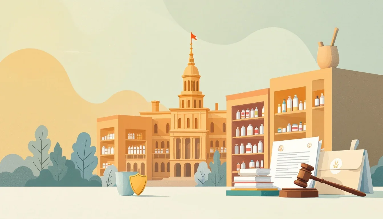North Dakota state capitol tower with emergency health order documents and supplement bottles being cleared from a store shelf, warm editorial illustration