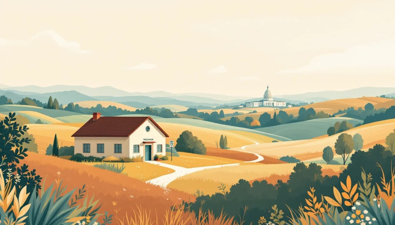 Rural Virginia rehabilitation facility with rolling hills and a federal funding network connecting small towns, warm editorial illustration