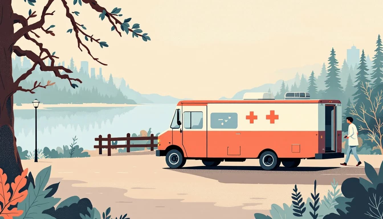 Mobile health clinic vehicle parked near a Pacific Northwest riverfront skyline, warm editorial illustration