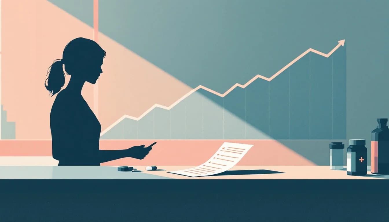 Warm editorial illustration of a pharmacy counter with an uncollected prescription and medication bottle, soft muted tones