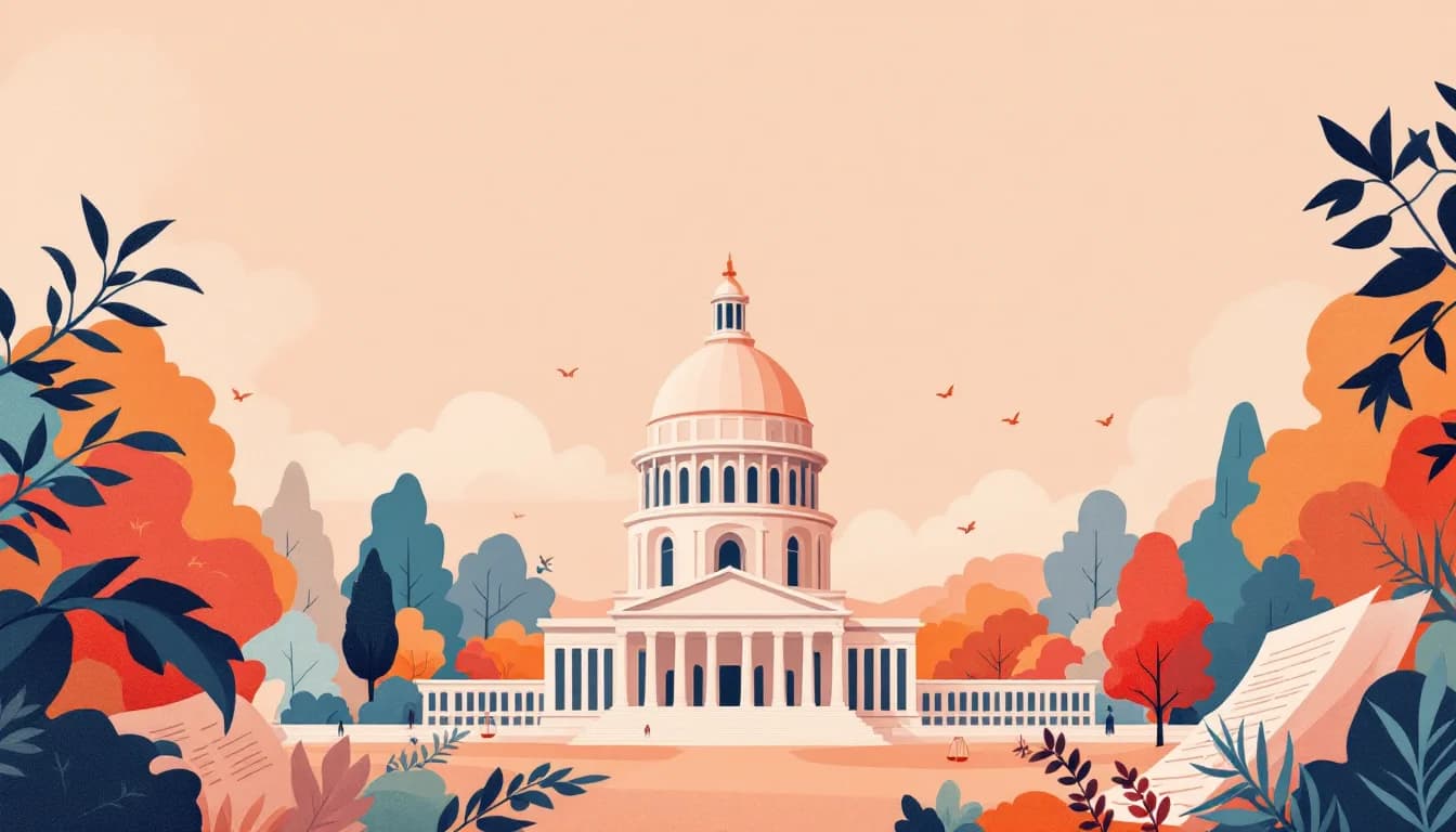 Warm editorial illustration of a neoclassical city hall building with budget documents and scales of justice, soft muted tones
