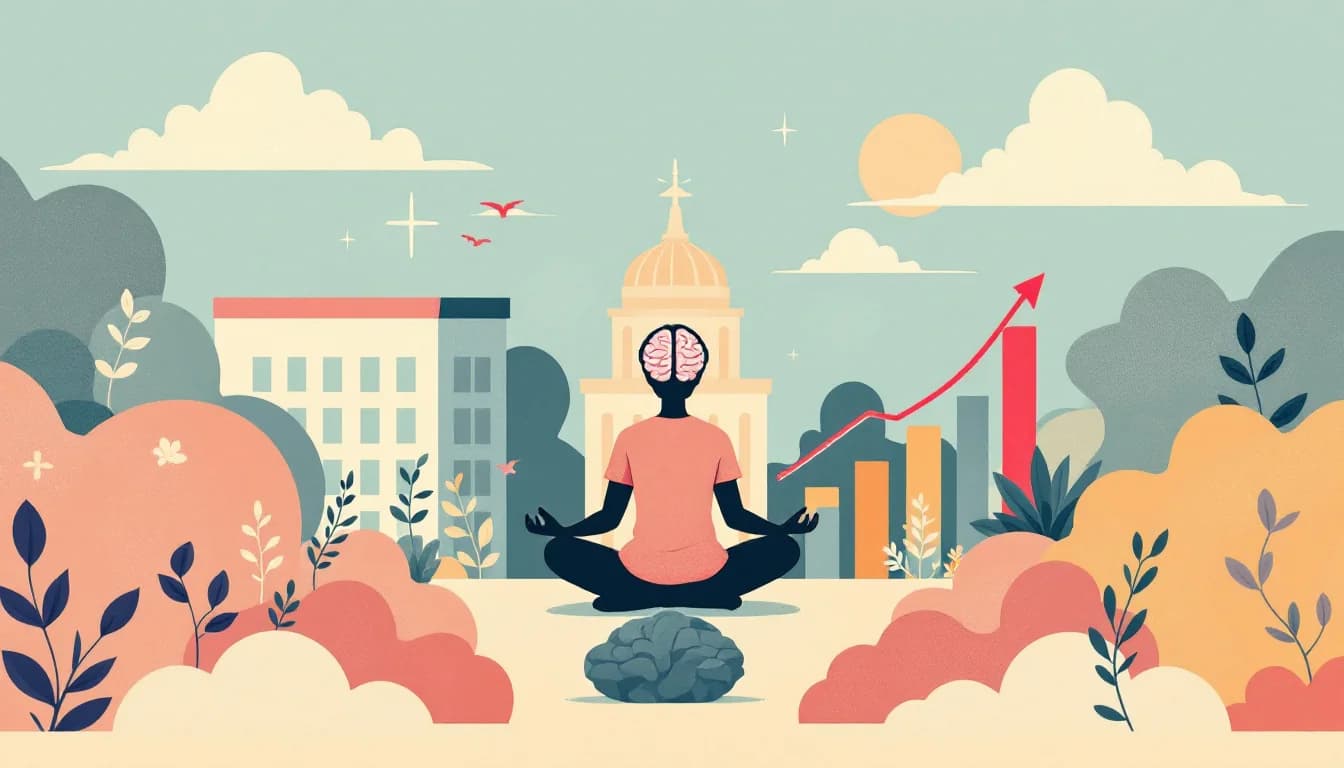 Person meditating beside a university research building with a rising savings chart, warm editorial illustration