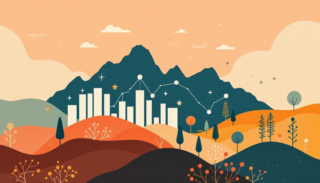 Colorado mountain silhouette with rising data charts and public health symbols, warm editorial illustration