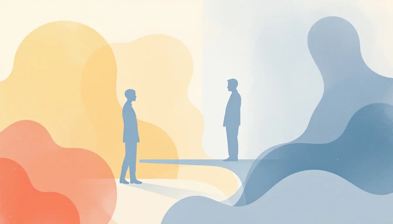 Survey charts and a healthcare worker silhouette separated from a patient by a wall, warm editorial illustration