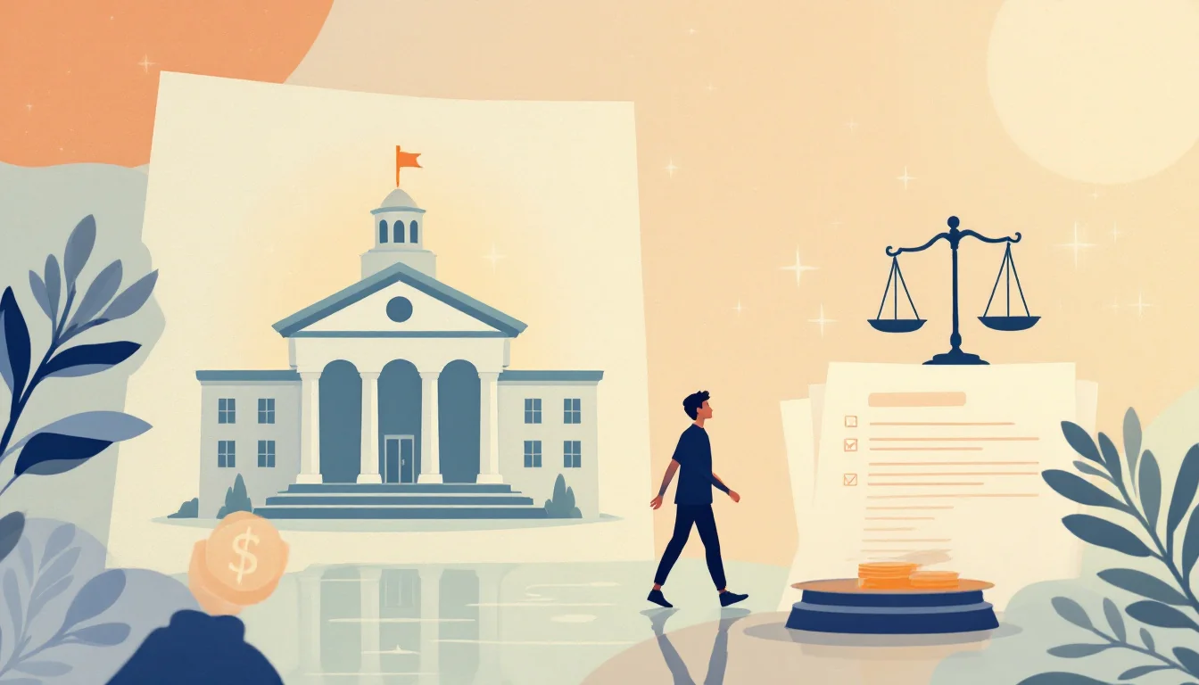 Courthouse with scales of justice beside a New Mexico state outline and a young person silhouette walking toward support, warm editorial illustration