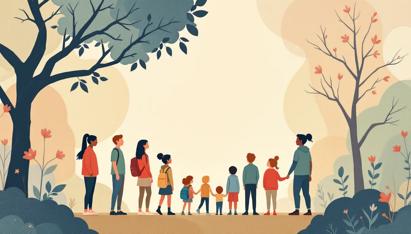 Youth silhouettes in community setting with prevention symbols, warm editorial illustration